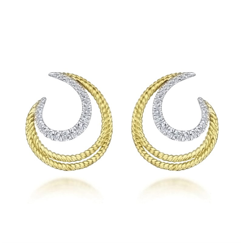 14K Yellow and White Gold Twisted Crescent Diamond Stud Earrings