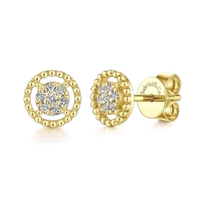 14K Yellow Gold Beaded Round Diamond Cluster Stud Earrings