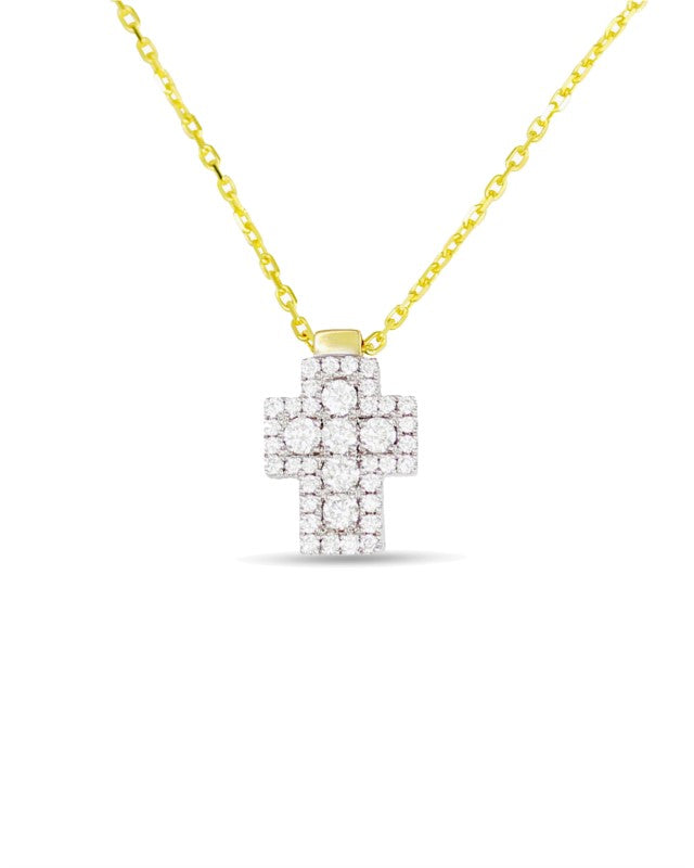 White Gold Diamond Cluster Cross Pendant on Yellow Gold Chain