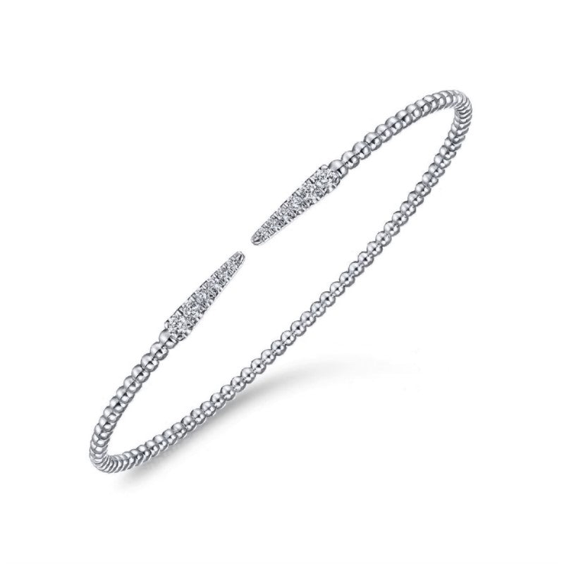 White Gold Beaded Bangle with Diamond Pointed Accents