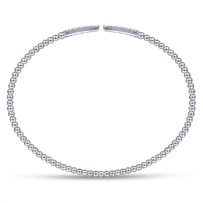 14K White Gold Beaded Bangle with Diamond Pointed Accents