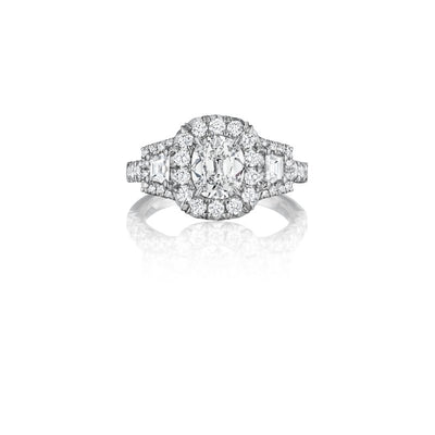 18K White Gold Halo Engagement Ring with Trapezoid Side Stones