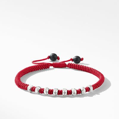 Fortune Woven Bracelet in Red Nylon with Black Onyx and Sterling Silver\, 5.5mm