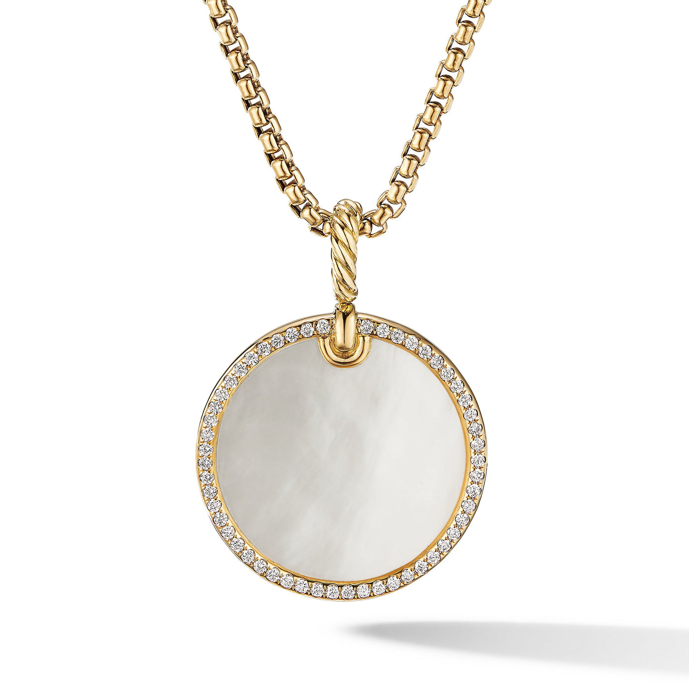 DY Elements® Disc Pendant in 18K Yellow Gold with Mother of Pearl and Diamond Rim\, 24mm