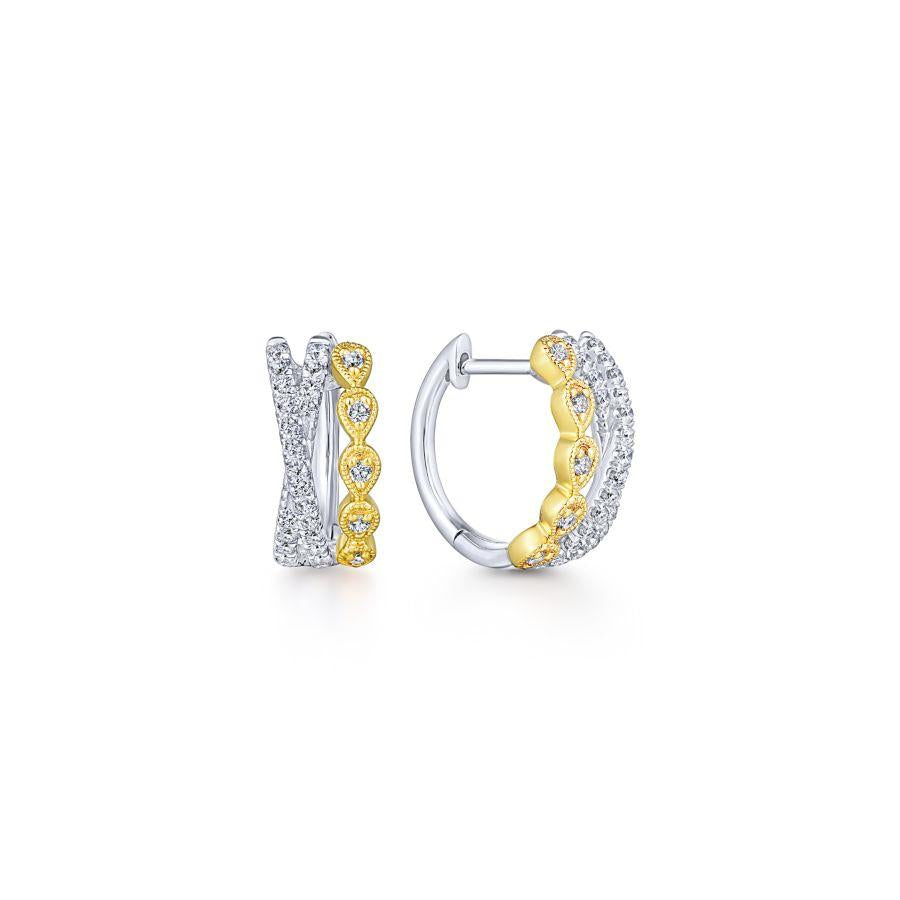 Yellow and White Gold Diamond Huggie Earrings