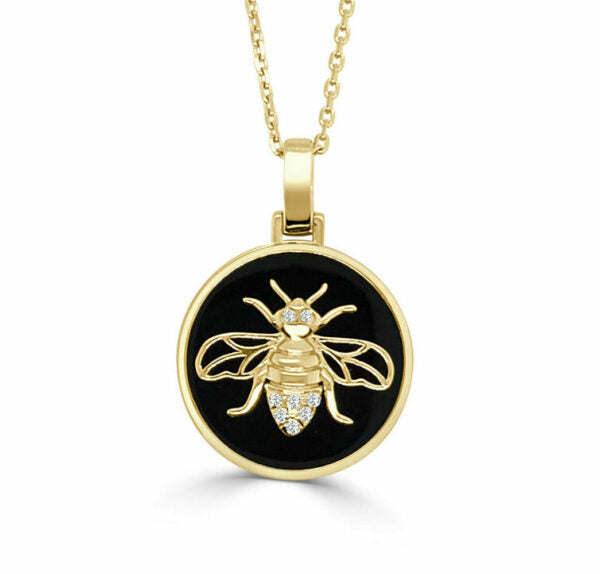 Yellow Gold Diamond and Onyx Bee Pendant