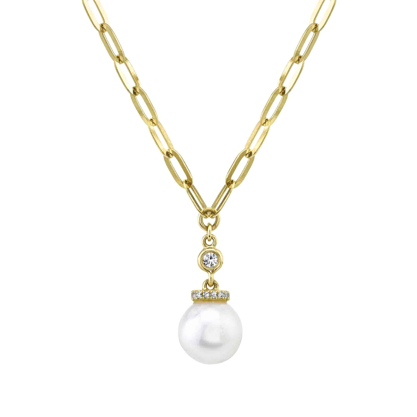 14KYG 0.05CTW DIAMOND AND CULTURED PEARL LINK NECKLACE