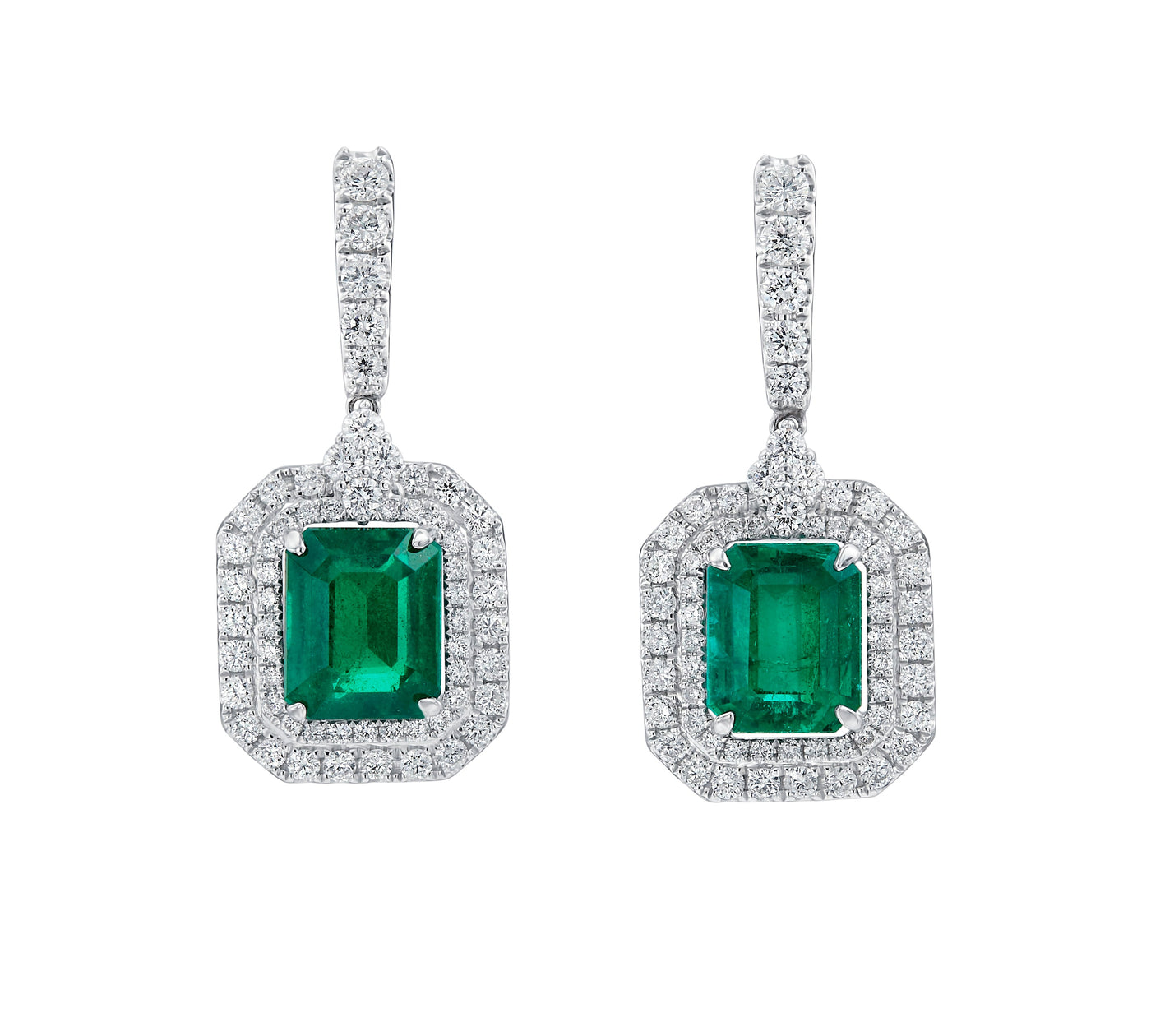 Emerald And Dia Double Halo Dangle Earrings