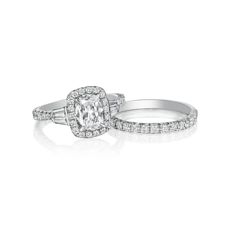18K White Gold Pave Halo Ring with Tapered Baguette Side Stones
