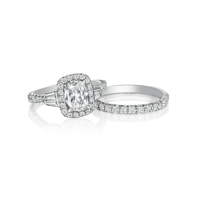 18K White Gold Pave Halo Ring with Tapered Baguette Side Stones